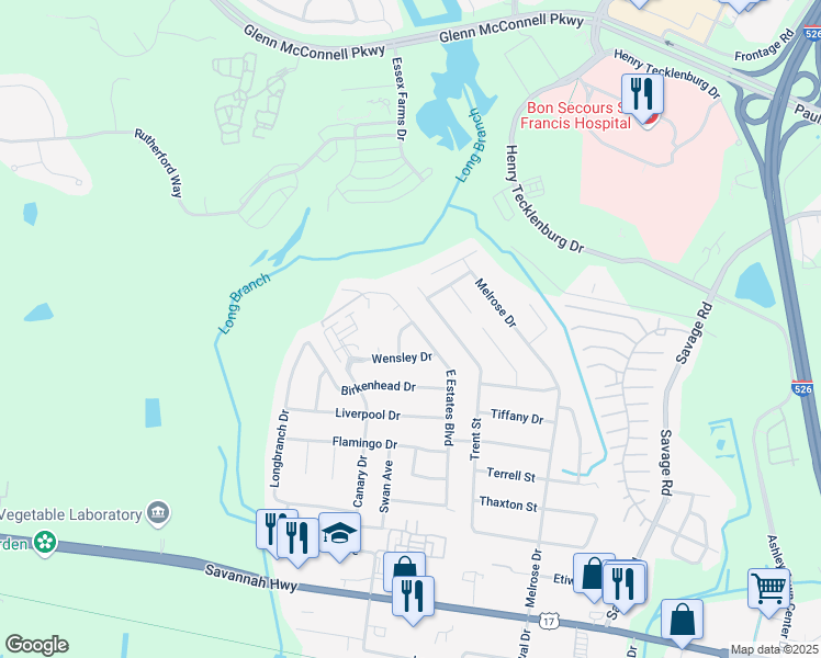 map of restaurants, bars, coffee shops, grocery stores, and more near 904 East Estates Boulevard in Charleston