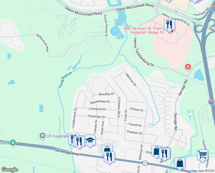 map of restaurants, bars, coffee shops, grocery stores, and more near 907 Burnley Road in Charleston