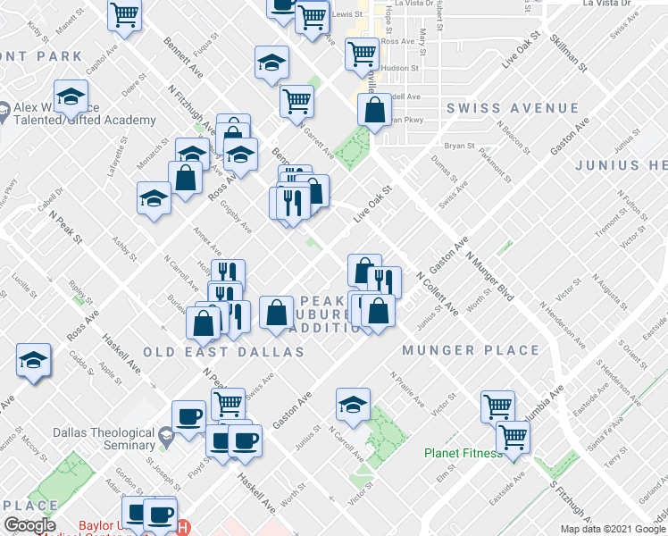 map of restaurants, bars, coffee shops, grocery stores, and more near 4760 Asher Place in Dallas