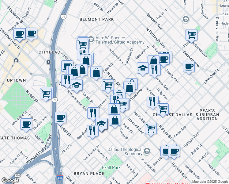 map of restaurants, bars, coffee shops, grocery stores, and more near 4212 Munger Avenue in Dallas