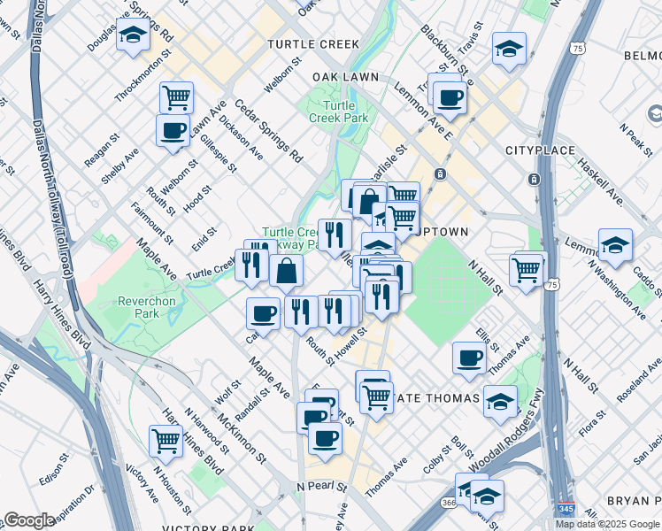 map of restaurants, bars, coffee shops, grocery stores, and more near 2900 Carlisle Street in Dallas