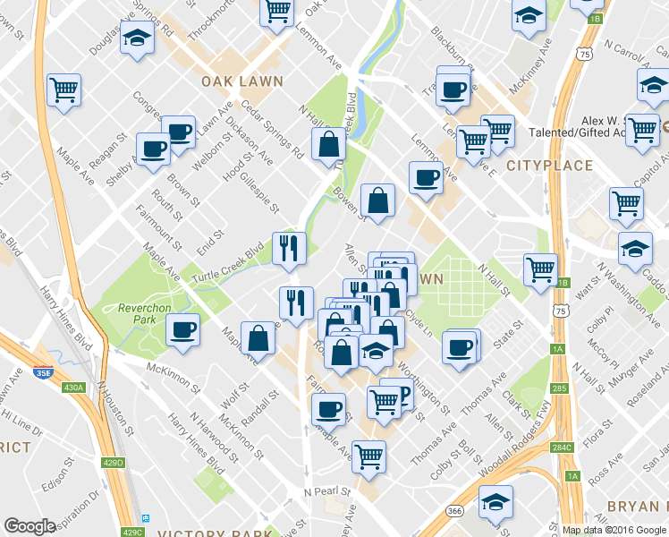 map of restaurants, bars, coffee shops, grocery stores, and more near 2900 Carlisle Street in Dallas