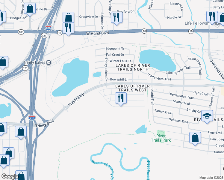 map of restaurants, bars, coffee shops, grocery stores, and more near 8220 Snow Egret Way in Fort Worth