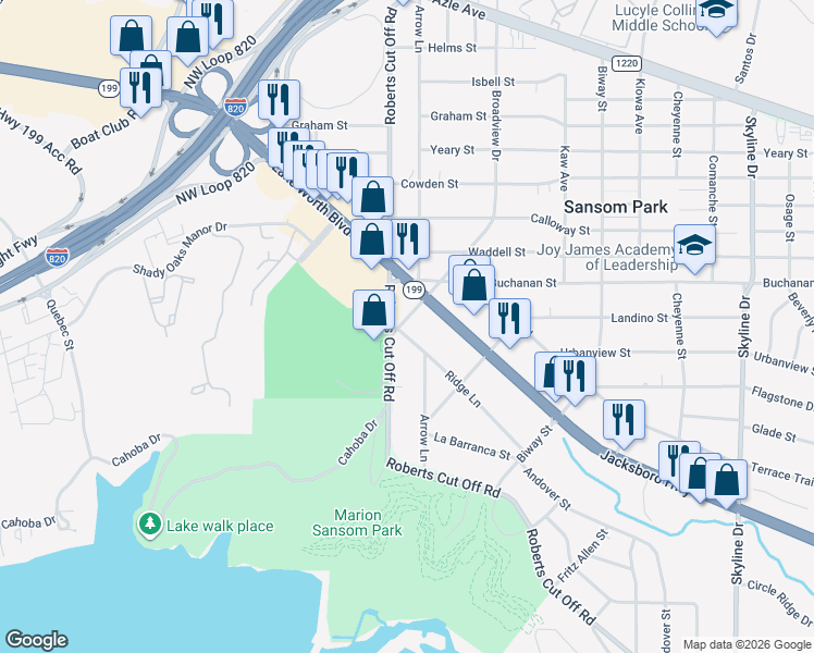 map of restaurants, bars, coffee shops, grocery stores, and more near 5920 Ridge Lane in Fort Worth