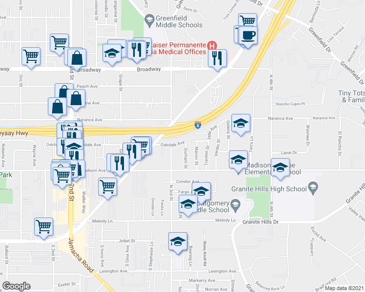 map of restaurants, bars, coffee shops, grocery stores, and more near 568-590 Durham Street in El Cajon