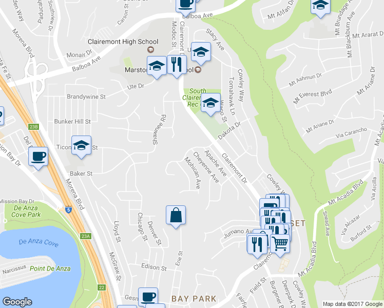 map of restaurants, bars, coffee shops, grocery stores, and more near 3376 Cheyenne Avenue in San Diego