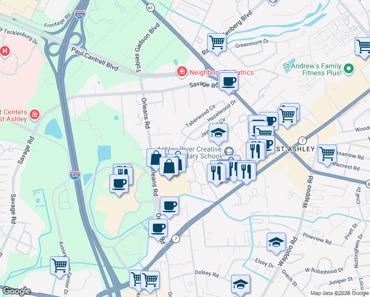 map of restaurants, bars, coffee shops, grocery stores, and more near 1915 Hazelwood Drive in Charleston