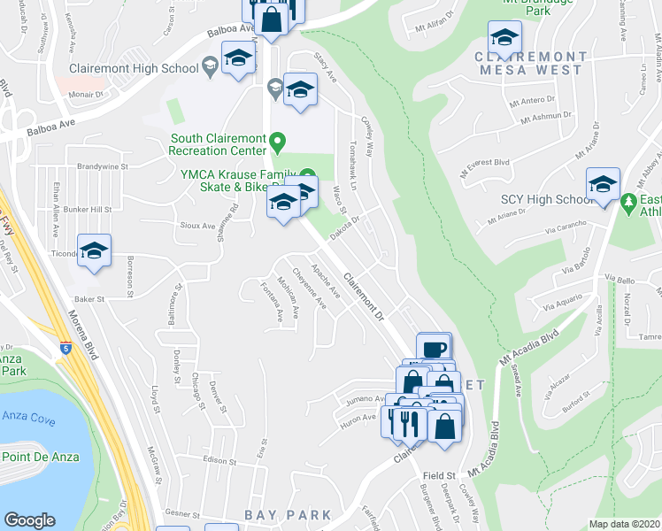 map of restaurants, bars, coffee shops, grocery stores, and more near 3362 Clairemont Drive in San Diego