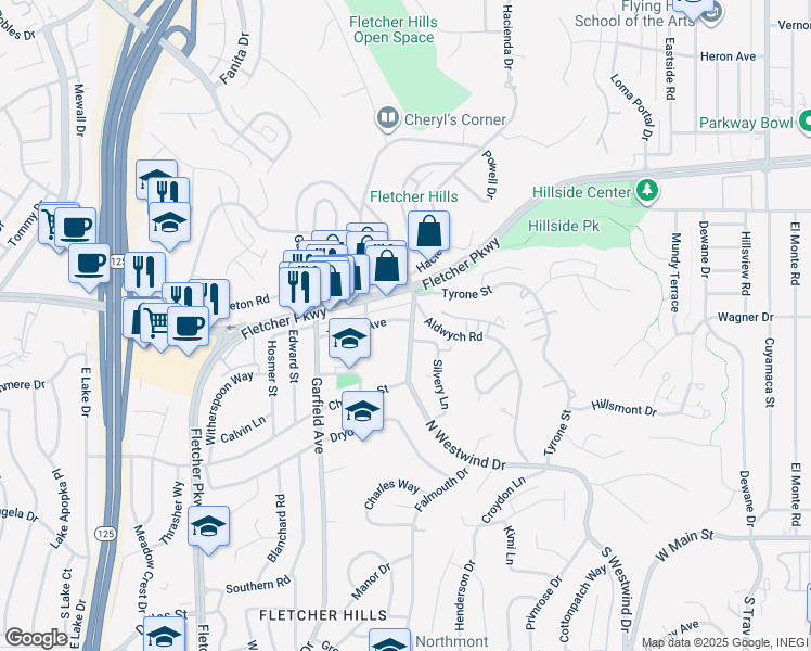 map of restaurants, bars, coffee shops, grocery stores, and more near 584 North Westwind Drive in El Cajon