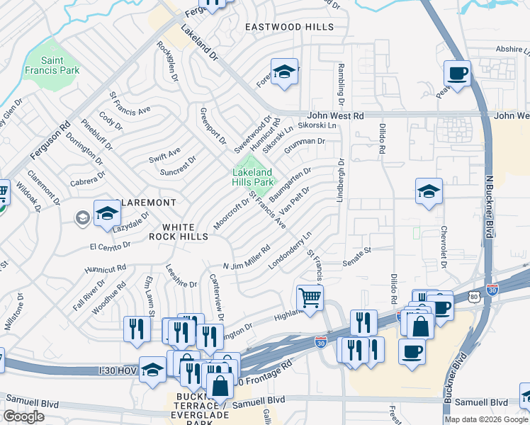 map of restaurants, bars, coffee shops, grocery stores, and more near 8432 Baumgarten Drive in Dallas