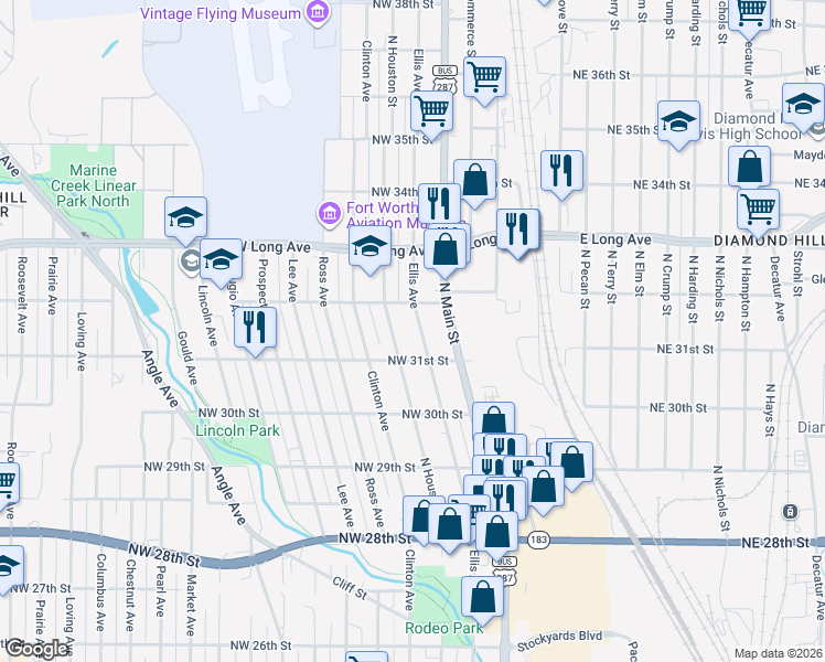 map of restaurants, bars, coffee shops, grocery stores, and more near 3113 Ellis Avenue in Fort Worth