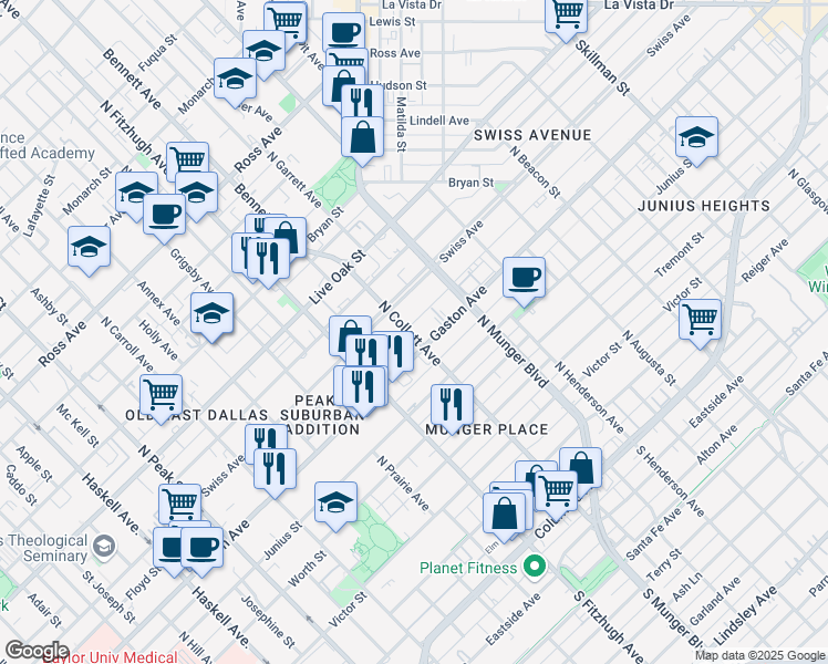 map of restaurants, bars, coffee shops, grocery stores, and more near 202 North Collett Avenue in Dallas