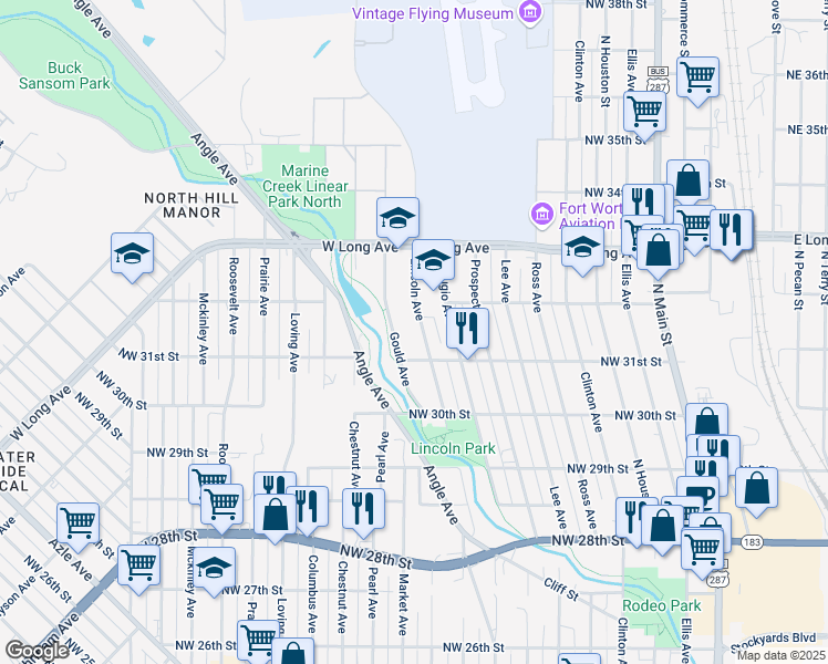 map of restaurants, bars, coffee shops, grocery stores, and more near 3113 Lincoln Avenue in Fort Worth