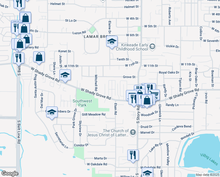 map of restaurants, bars, coffee shops, grocery stores, and more near 1121 Parkrow Place in Irving