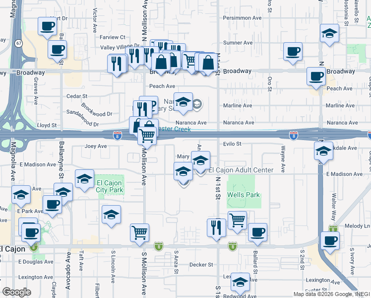 map of restaurants, bars, coffee shops, grocery stores, and more near 575 Mcway Court in El Cajon