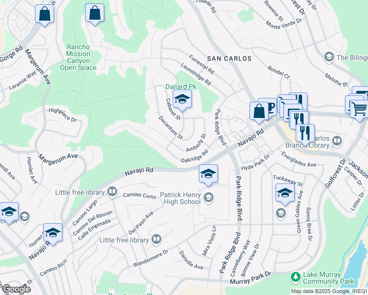 map of restaurants, bars, coffee shops, grocery stores, and more near 6530 Amberly Street in San Diego