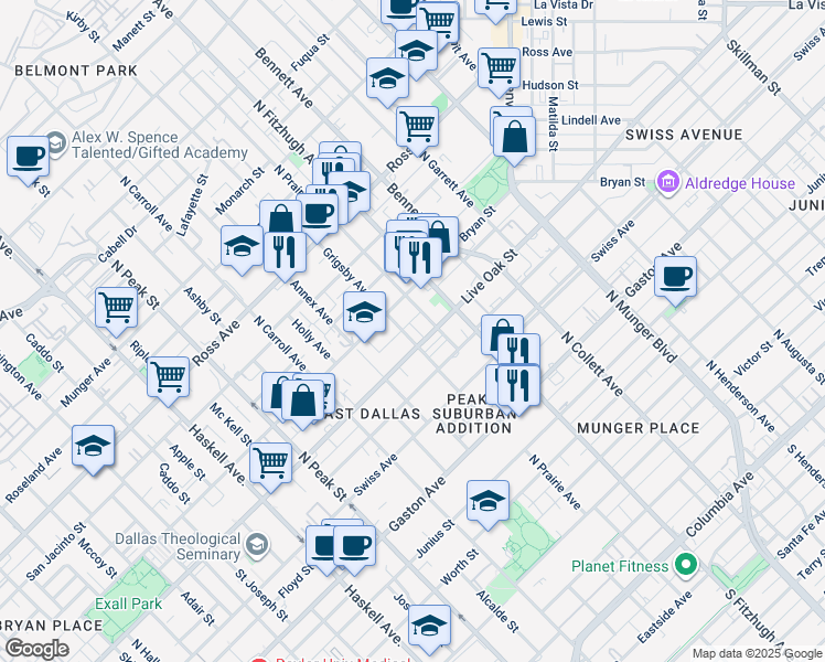 map of restaurants, bars, coffee shops, grocery stores, and more near 1310 Grigsby Avenue in Dallas