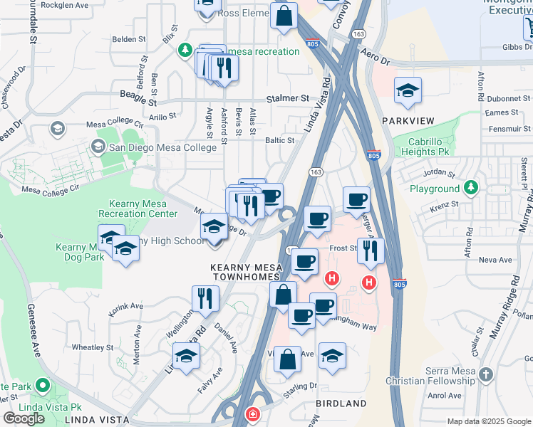 map of restaurants, bars, coffee shops, grocery stores, and more near 7625 Linda Vista Road in San Diego