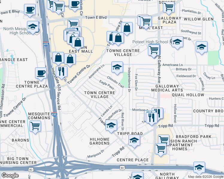 map of restaurants, bars, coffee shops, grocery stores, and more near 2632 Eagle Pass in Mesquite