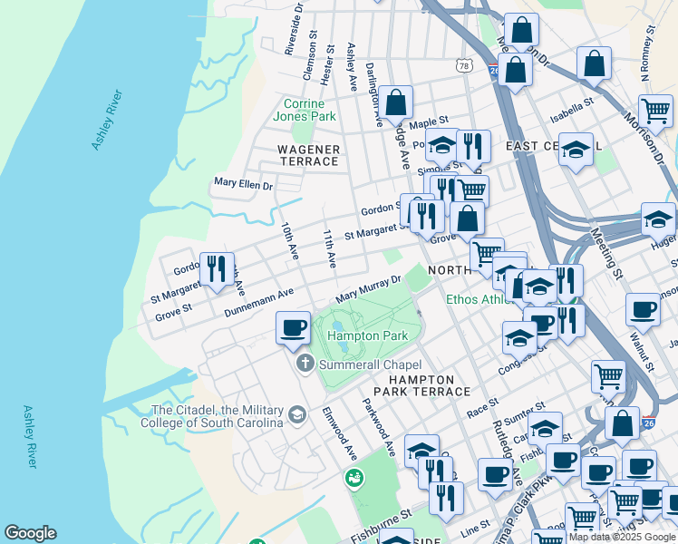 map of restaurants, bars, coffee shops, grocery stores, and more near 30 Dunnemann Avenue in Charleston