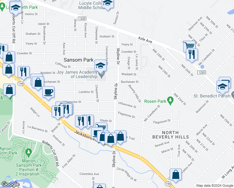 map of restaurants, bars, coffee shops, grocery stores, and more near 2712 Skyline Drive in Fort Worth