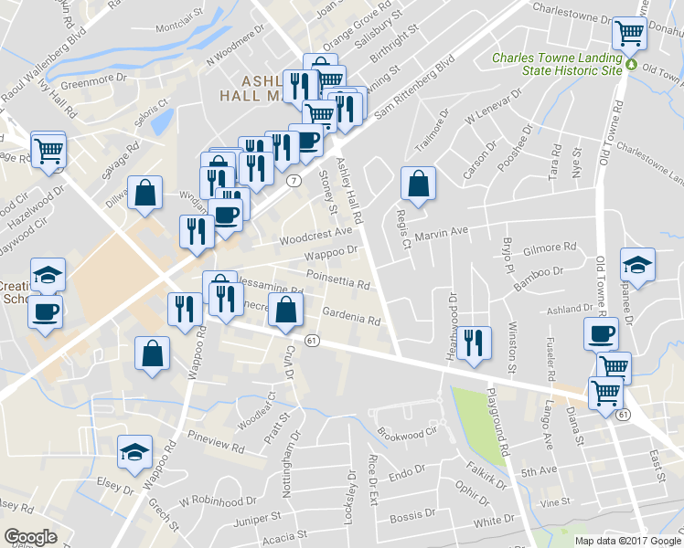 map of restaurants, bars, coffee shops, grocery stores, and more near 1528 Poinsettia Road in Charleston