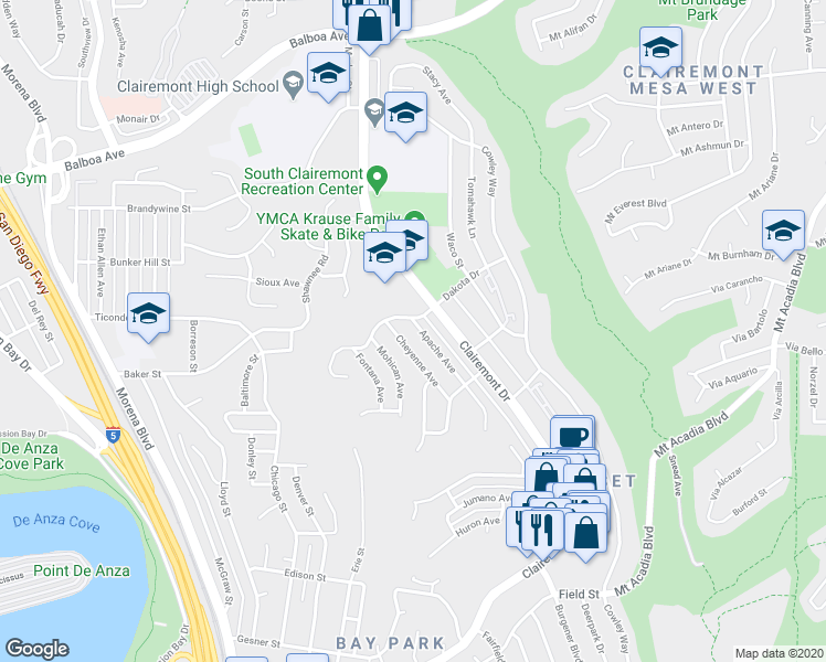 map of restaurants, bars, coffee shops, grocery stores, and more near 3386 Apache Avenue in San Diego
