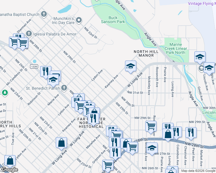 map of restaurants, bars, coffee shops, grocery stores, and more near 2723 Northwest 30th Street in Fort Worth