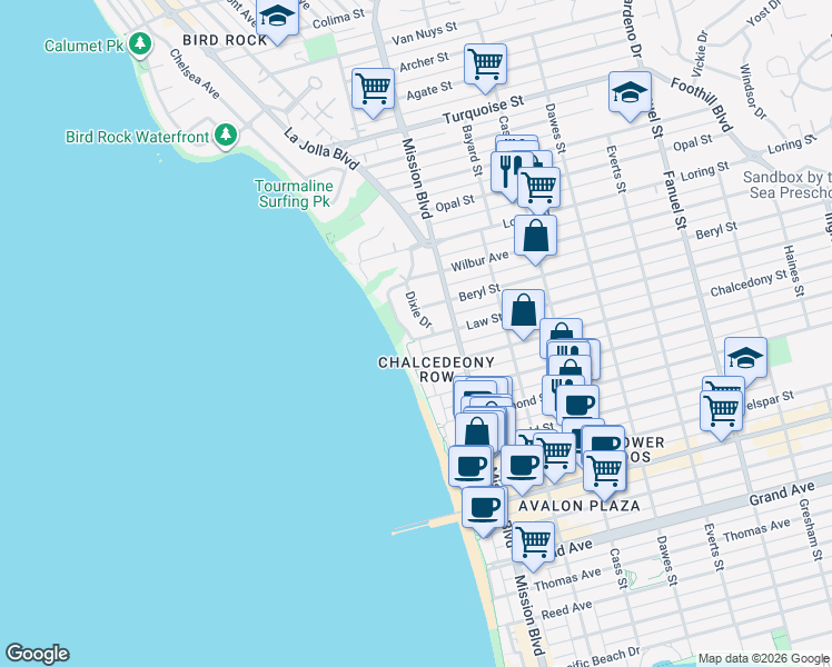 map of restaurants, bars, coffee shops, grocery stores, and more near 620 Law Street in San Diego
