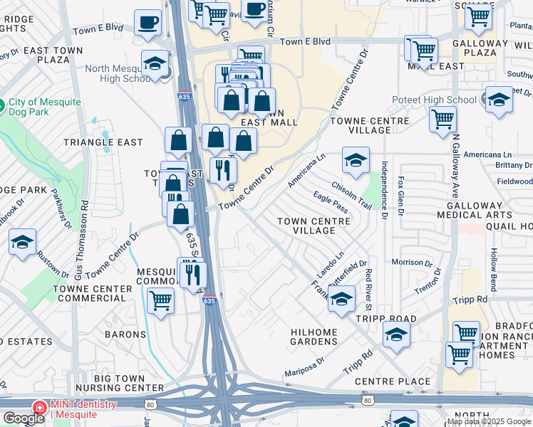 map of restaurants, bars, coffee shops, grocery stores, and more near 2825 El Paso Way in Mesquite