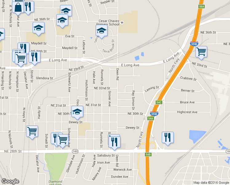 map of restaurants, bars, coffee shops, grocery stores, and more near 3205 Deen Road in Fort Worth
