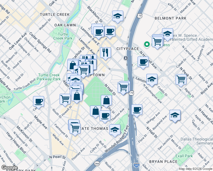 map of restaurants, bars, coffee shops, grocery stores, and more near 3900 N Hall St in Dallas