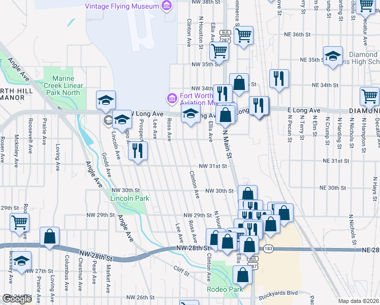 map of restaurants, bars, coffee shops, grocery stores, and more near 3112 Clinton Avenue in Fort Worth