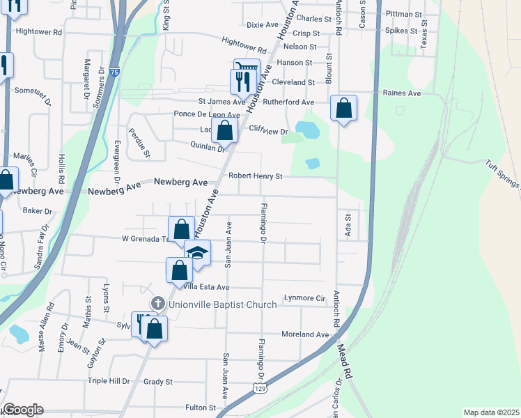 map of restaurants, bars, coffee shops, grocery stores, and more near 3369 Flamingo Drive in Macon