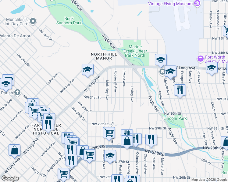 map of restaurants, bars, coffee shops, grocery stores, and more near 3111 Roosevelt Avenue in Fort Worth