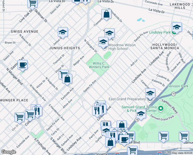 map of restaurants, bars, coffee shops, grocery stores, and more near 5819 Santa Fe Avenue in Dallas