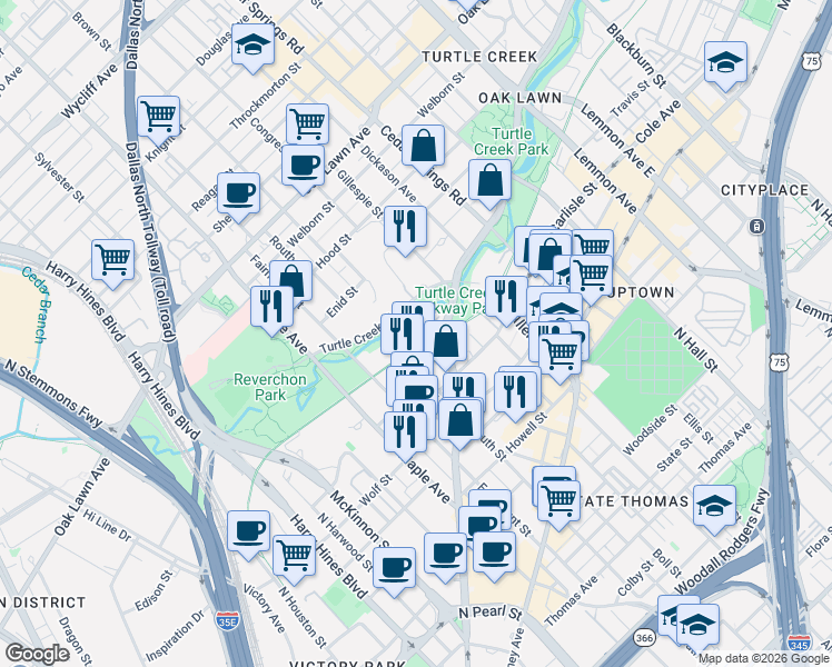 map of restaurants, bars, coffee shops, grocery stores, and more near 2817 Park Bridge Court in Dallas