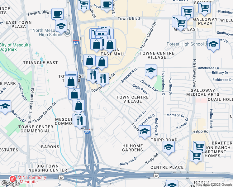 map of restaurants, bars, coffee shops, grocery stores, and more near 2825 El Paso Way in Mesquite