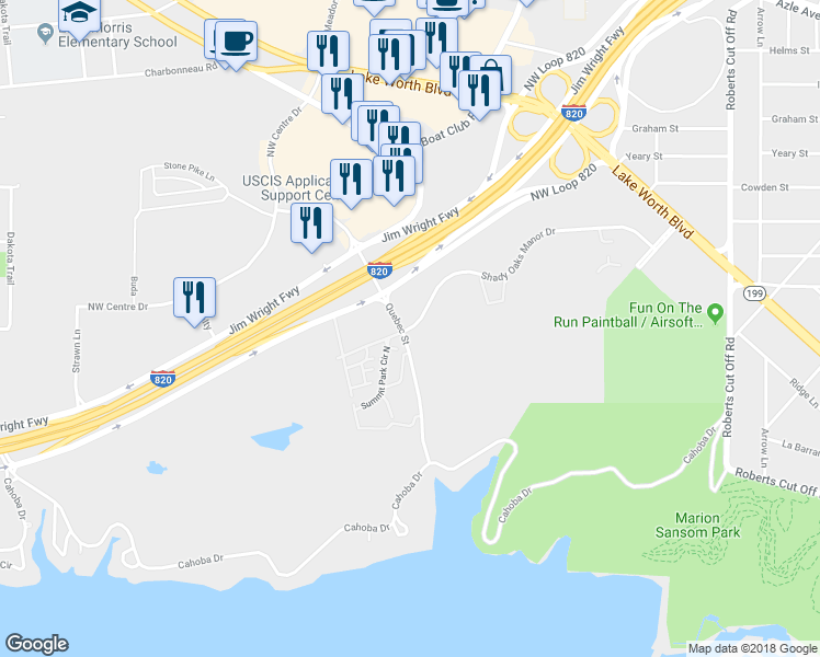 map of restaurants, bars, coffee shops, grocery stores, and more near 6489 Shady Oaks Manor Drive in Fort Worth