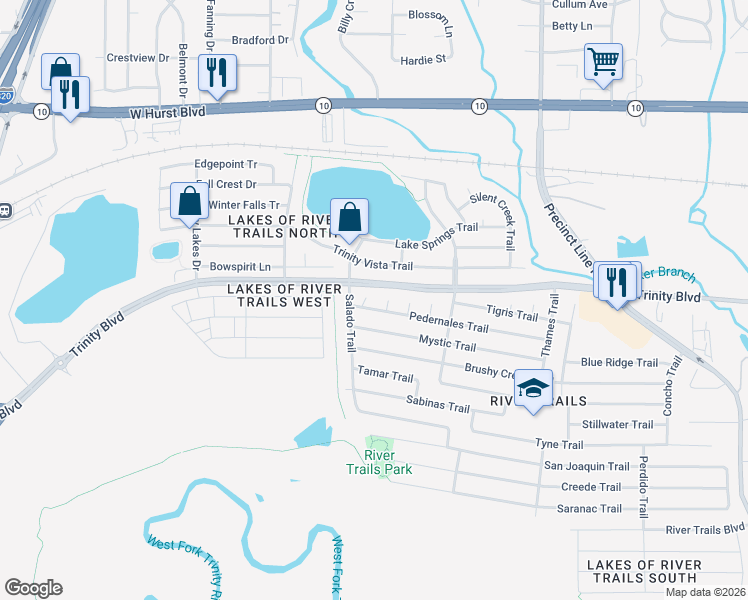 map of restaurants, bars, coffee shops, grocery stores, and more near 2904 Genessee Court in Fort Worth