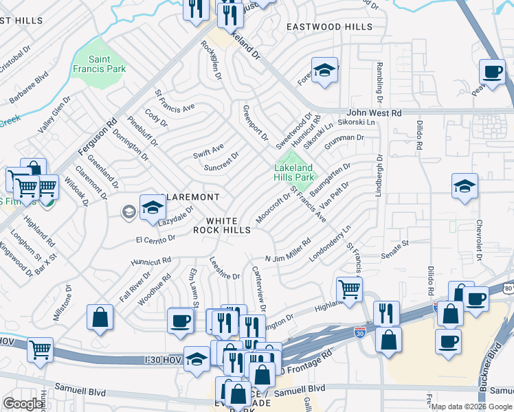 map of restaurants, bars, coffee shops, grocery stores, and more near 8342 Bocowood Drive in Dallas