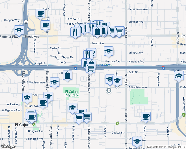 map of restaurants, bars, coffee shops, grocery stores, and more near 578 Nadeen Way in El Cajon