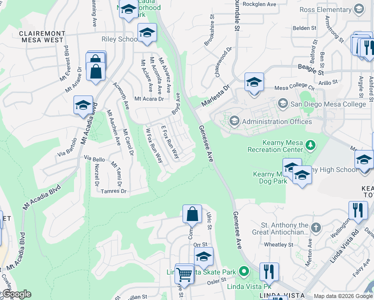 map of restaurants, bars, coffee shops, grocery stores, and more near 3005 Old Bridgeport Way in San Diego