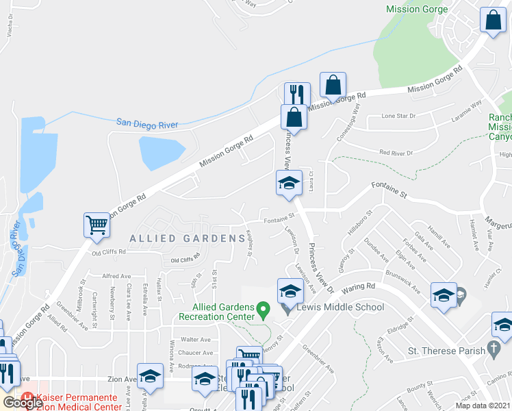 map of restaurants, bars, coffee shops, grocery stores, and more near 7134 Romford Court in San Diego