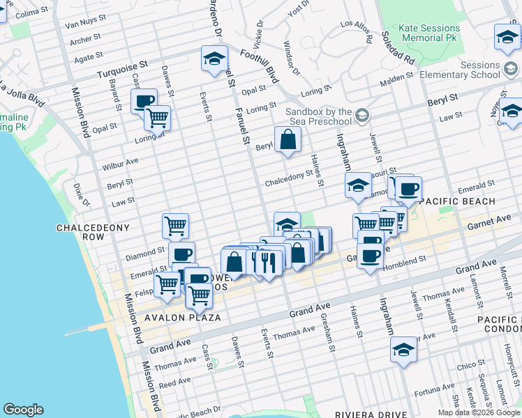 map of restaurants, bars, coffee shops, grocery stores, and more near 1277 Missouri Street in San Diego