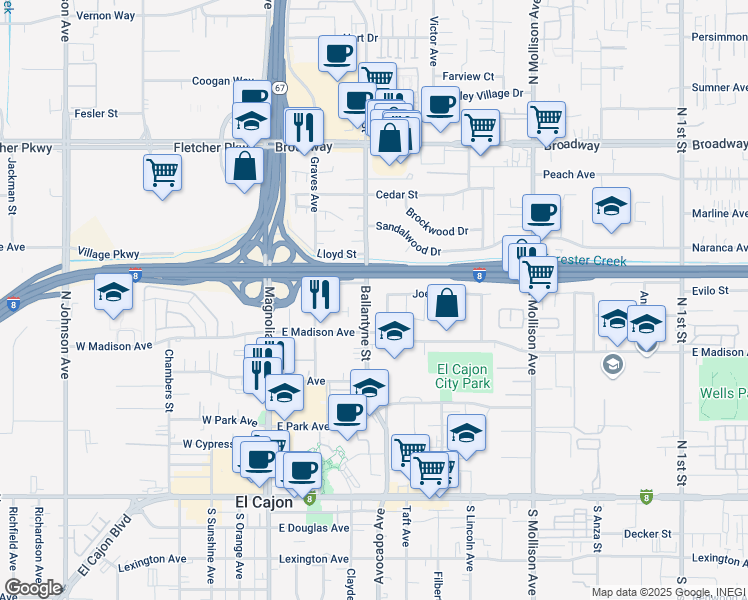 map of restaurants, bars, coffee shops, grocery stores, and more near 567 Ballantyne St in El Cajon