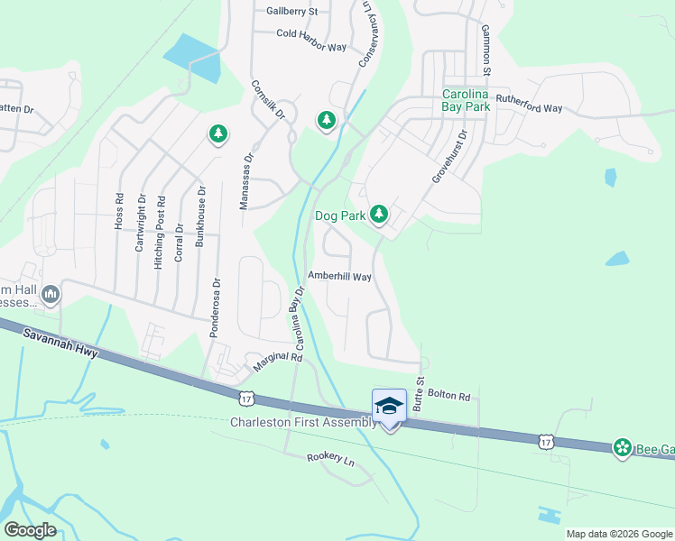map of restaurants, bars, coffee shops, grocery stores, and more near 2932 Amberhill Way in Charleston