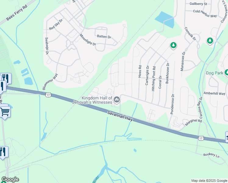 map of restaurants, bars, coffee shops, grocery stores, and more near 1000 Bonieta Harrold Drive in Charleston