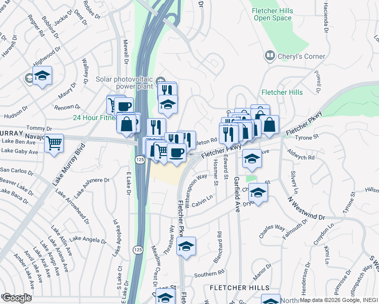 map of restaurants, bars, coffee shops, grocery stores, and more near 2150 Navajo Road in El Cajon
