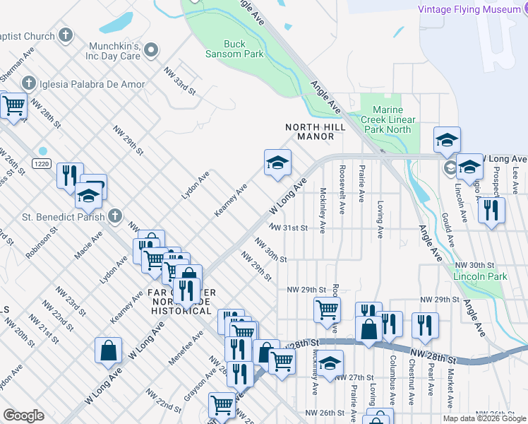 map of restaurants, bars, coffee shops, grocery stores, and more near 2700 Northwest 31st Street in Fort Worth